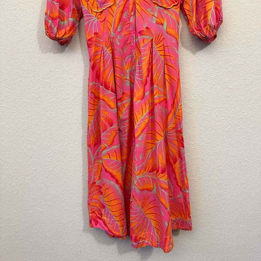 ANTHROPOLOGIE FARM RIO Bright Forest Midi Dress Pink Orange Puff Sleeve - Picture 6 of 16